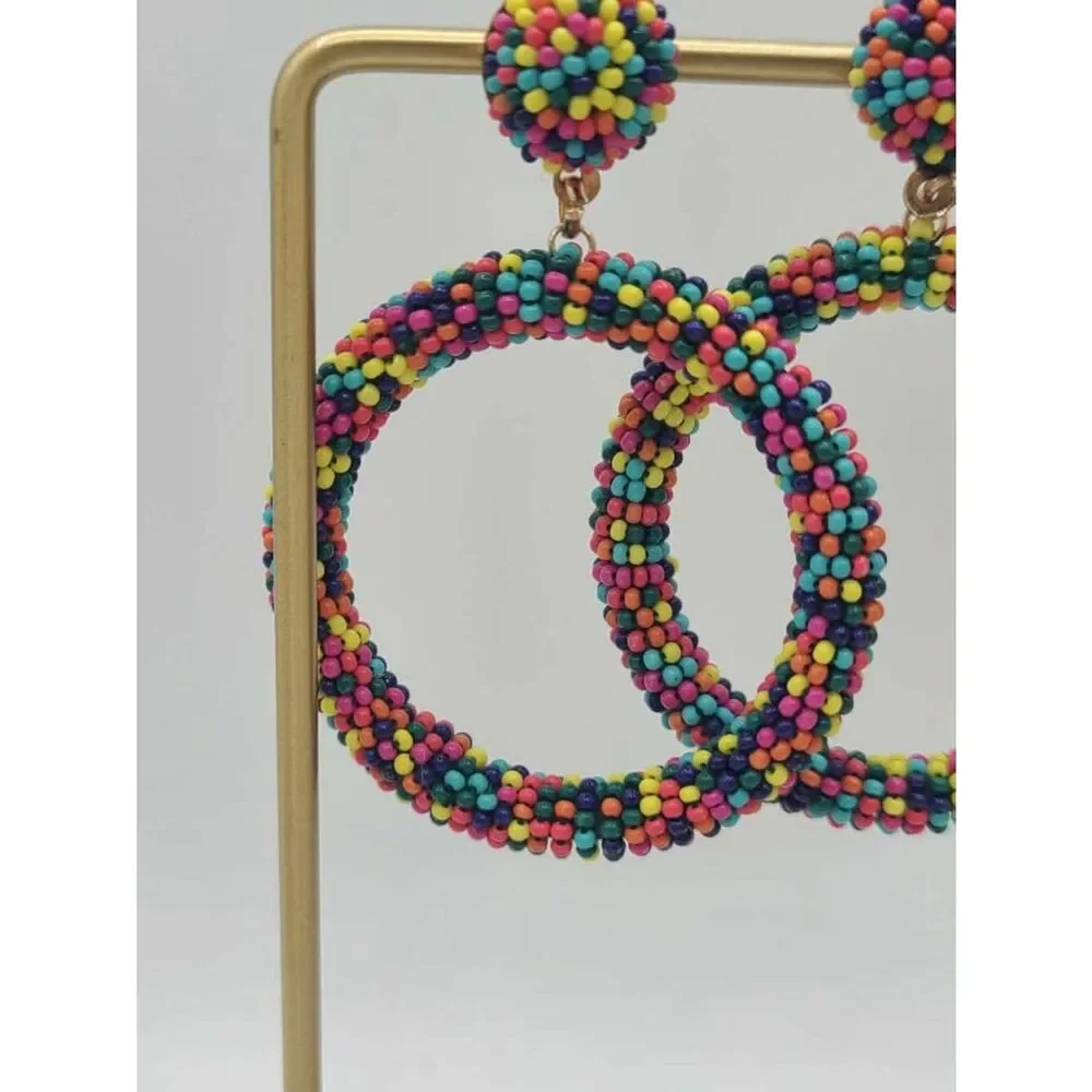 Colorful Beaded Hoop Stud Earrings